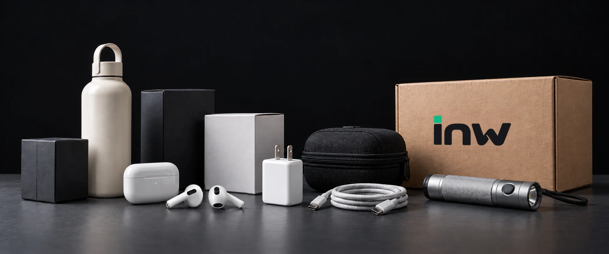 Illustrative product samples and INW packaging arranged on a dark studio table